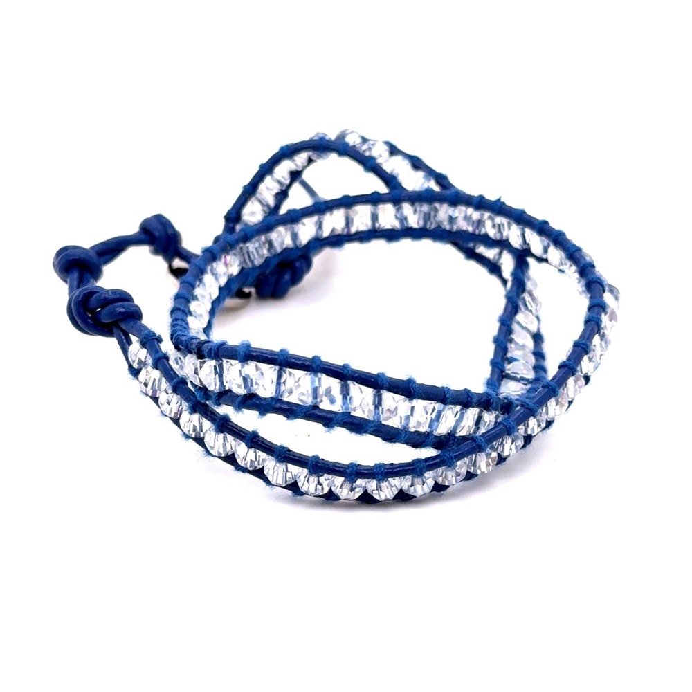 Victoria Emerson Blue Leather Clear Crystal Double Wrap Bracelet Boho 14-15 inch